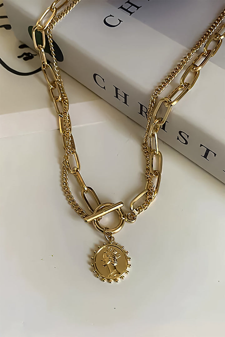Plated Vintage Carved Coin Pendant Chain Necklace