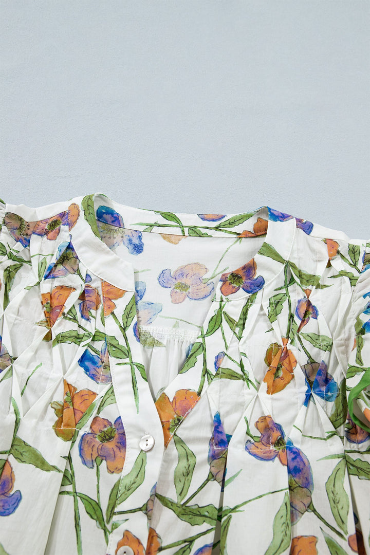 Green Floral Print Ruffle V-Neck Pressed Pleats Binding Tape Cotton Blouse