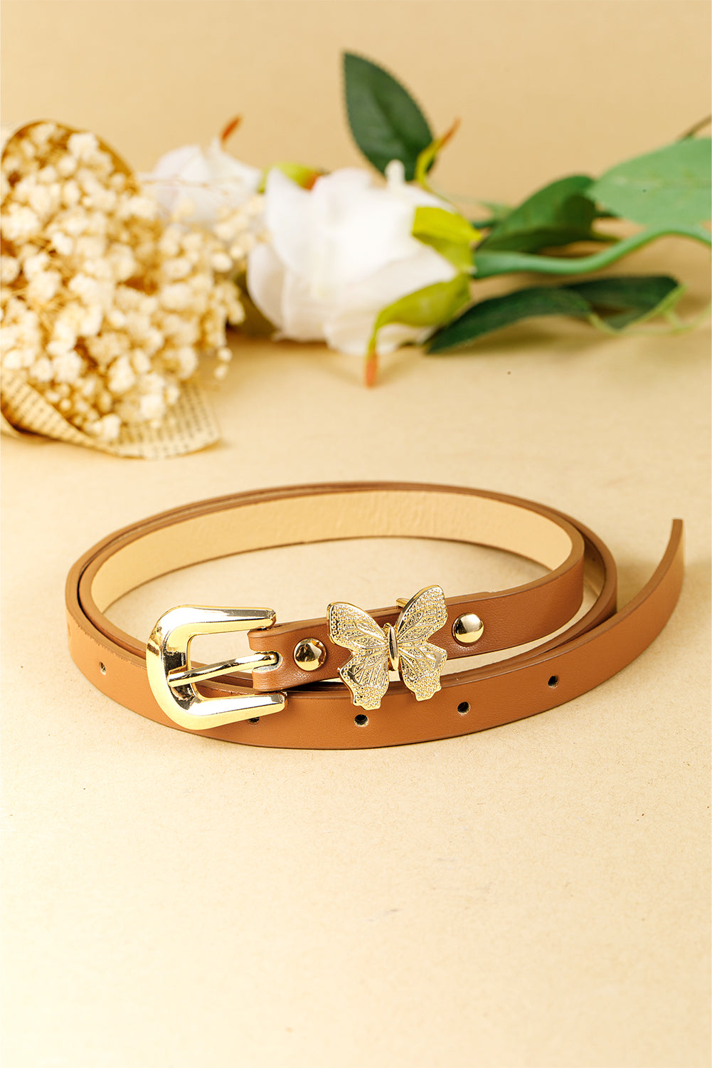 Ceinture fine en cuir PU avec boucle décorative papillon