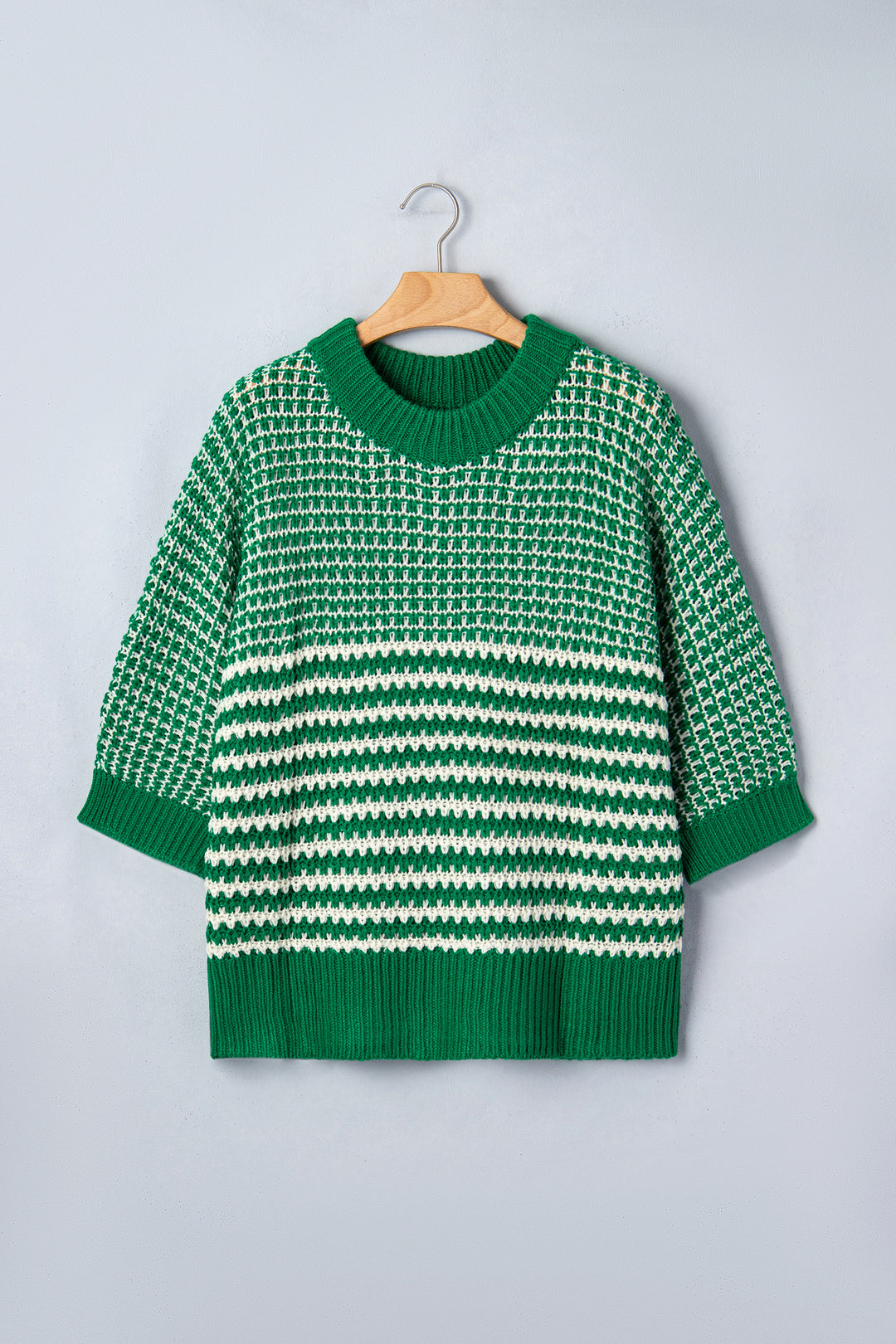 Green Stripe 3/4 Draped Sleeve Slouchy Sweater