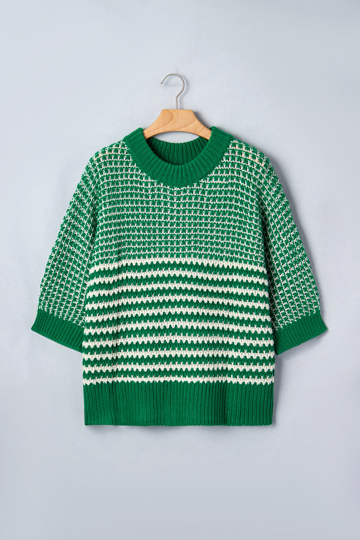 Green Stripe 3/4 Draped Sleeve Slouchy Sweater