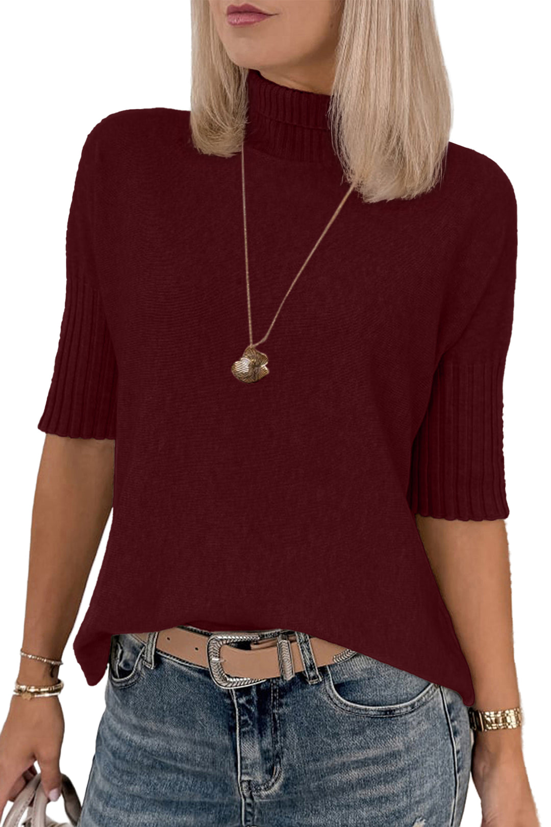 Burgundy Ribbed Trim High Neck Short Sleeve Casual Sweater