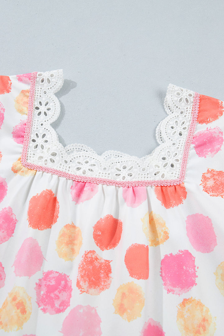Pink Polka Dot Lace Trim Square Neck Puff Sleeve Blouse