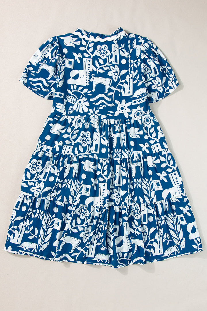 ricrac trim split neck floral loose dress