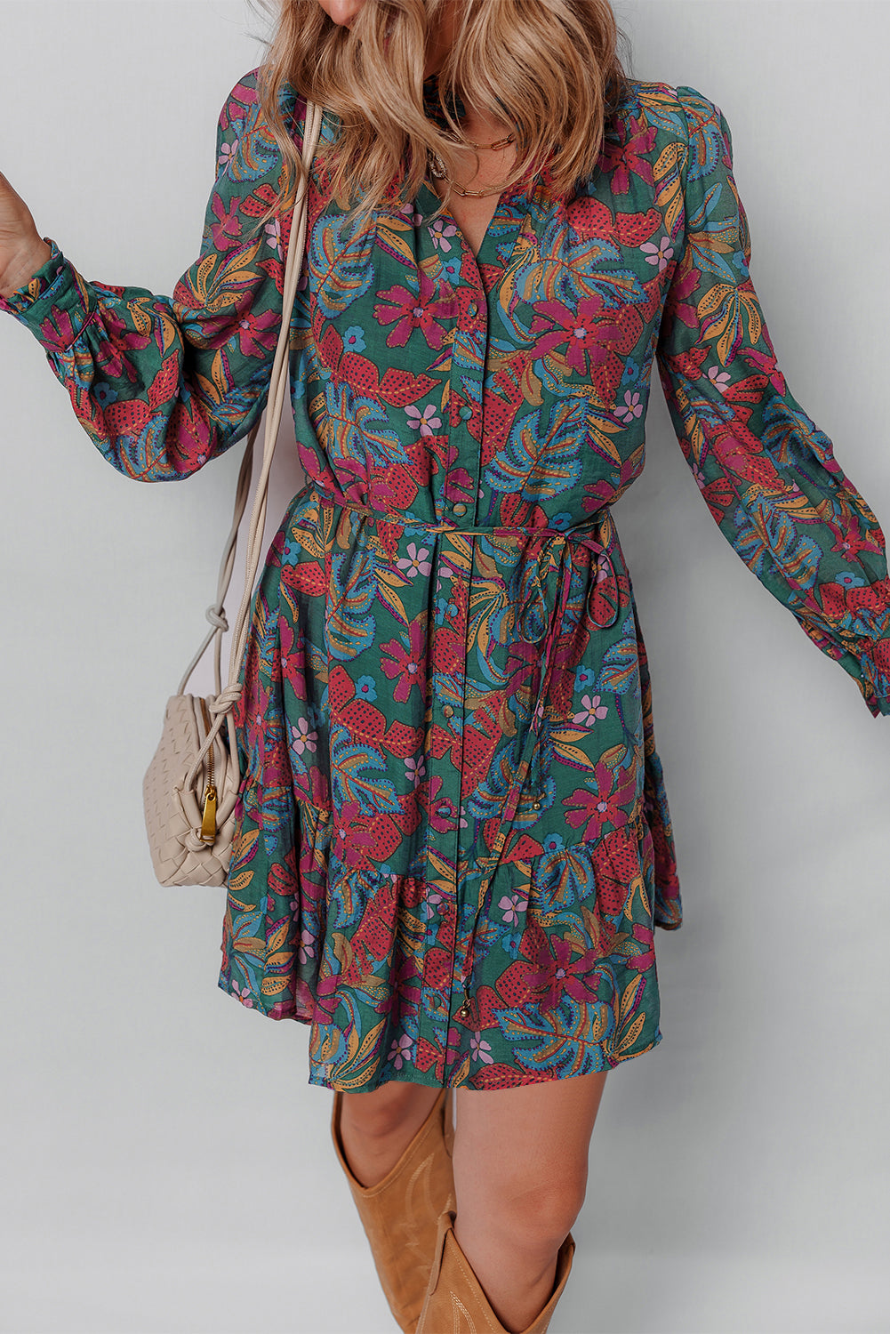 Floral Friled V Neck Puff Sleeve Ruffled Shirt Dress