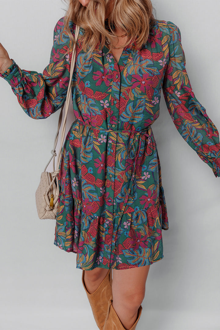 Floral Friled V Neck Puff Sleeve Ruffled Shirt Dress