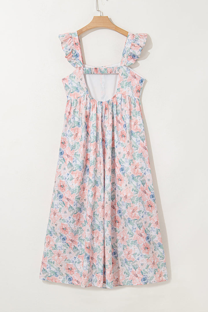 floral print square neck backless long dress with slit