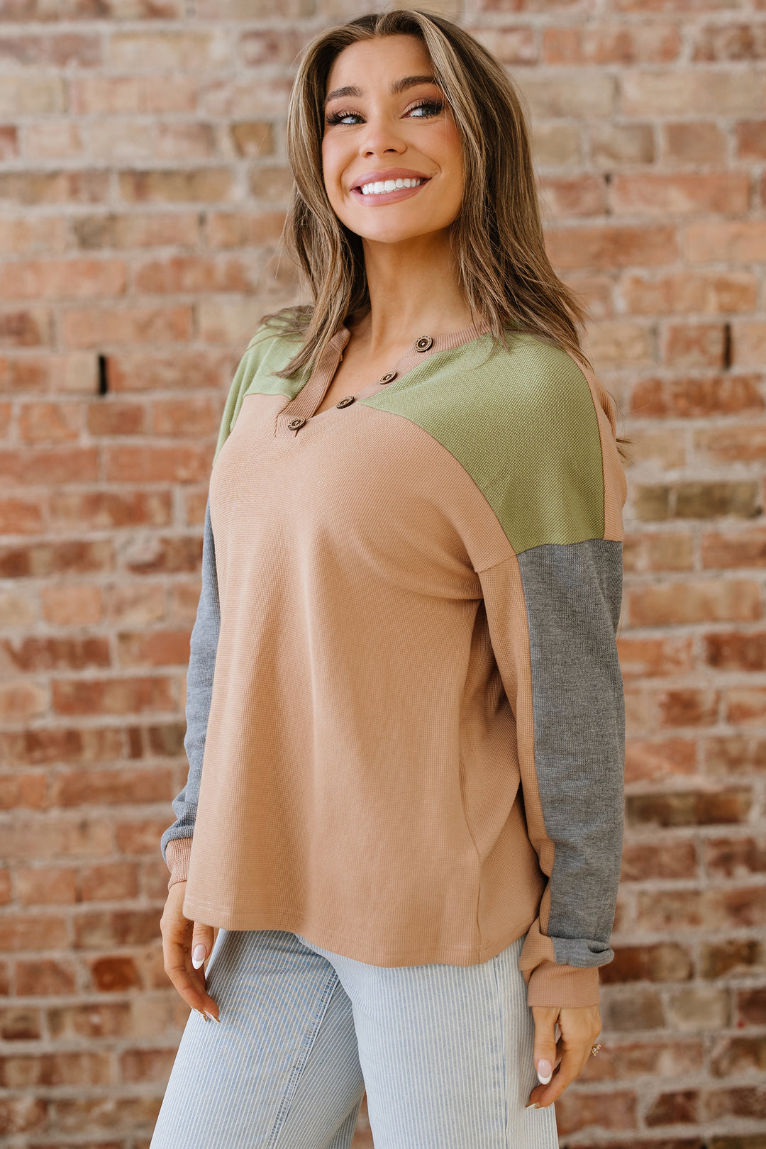 Color Block Thermal Textured Knit Drop Shoulder Henley Top