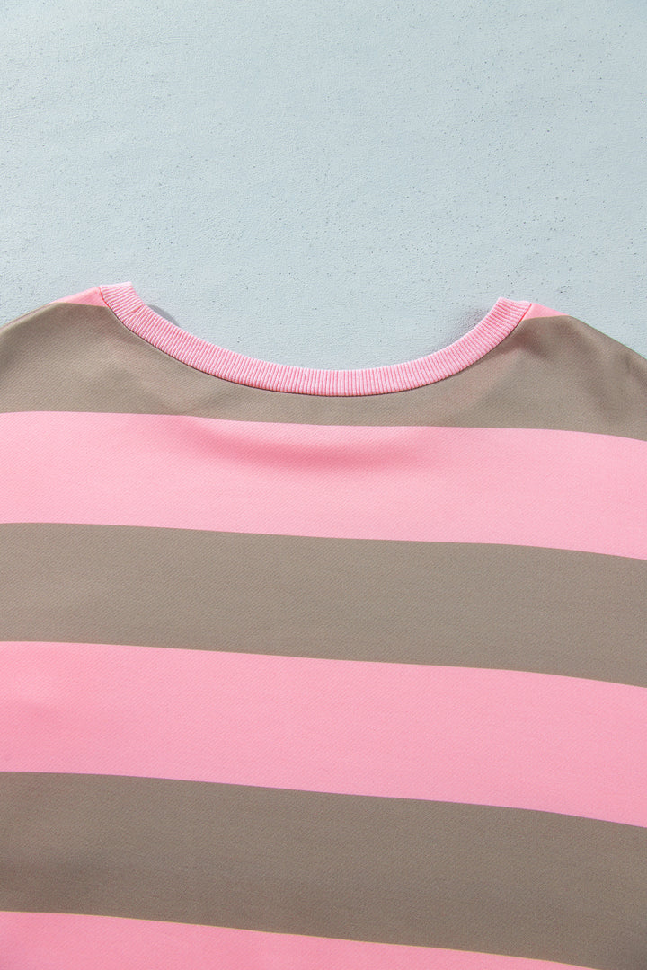 Pink Stripe Raw Seam Patchwork Drop Shoulder Plus Size Sweatshirt