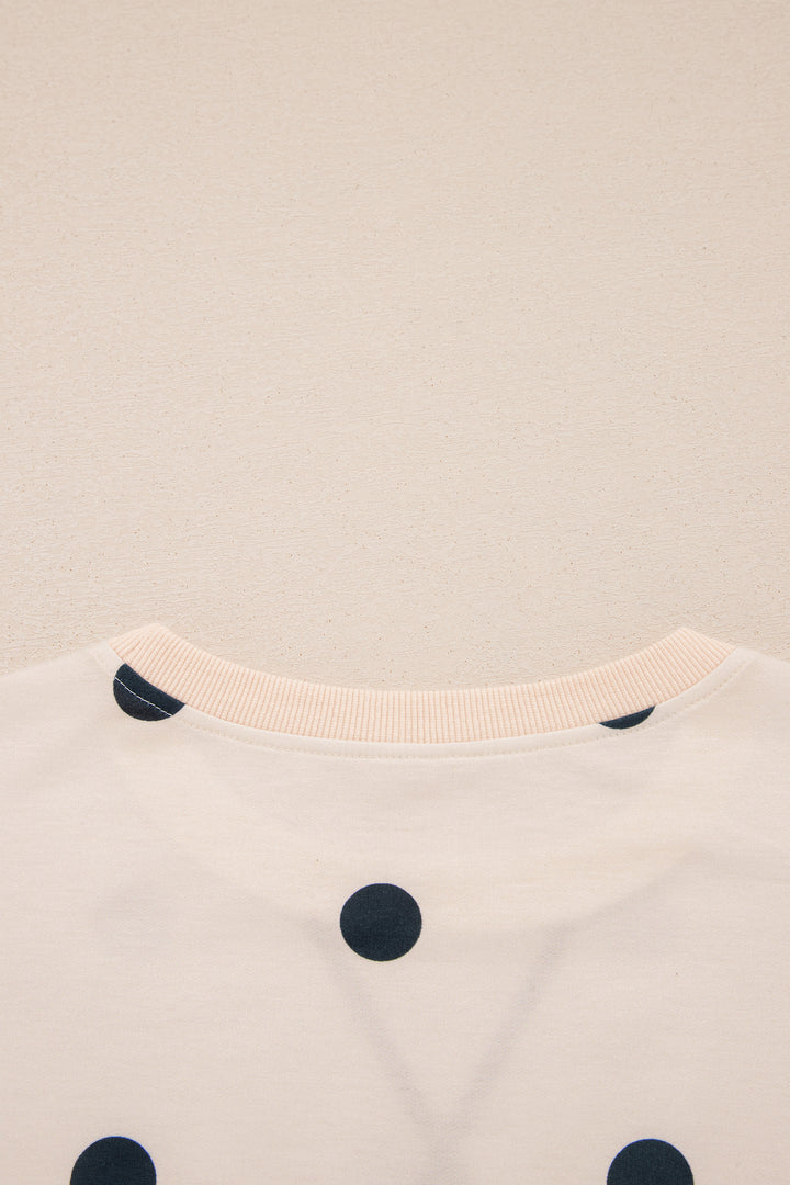 Beige Polka Dot Loose Long Sleeve Split Hem Pullover Top
