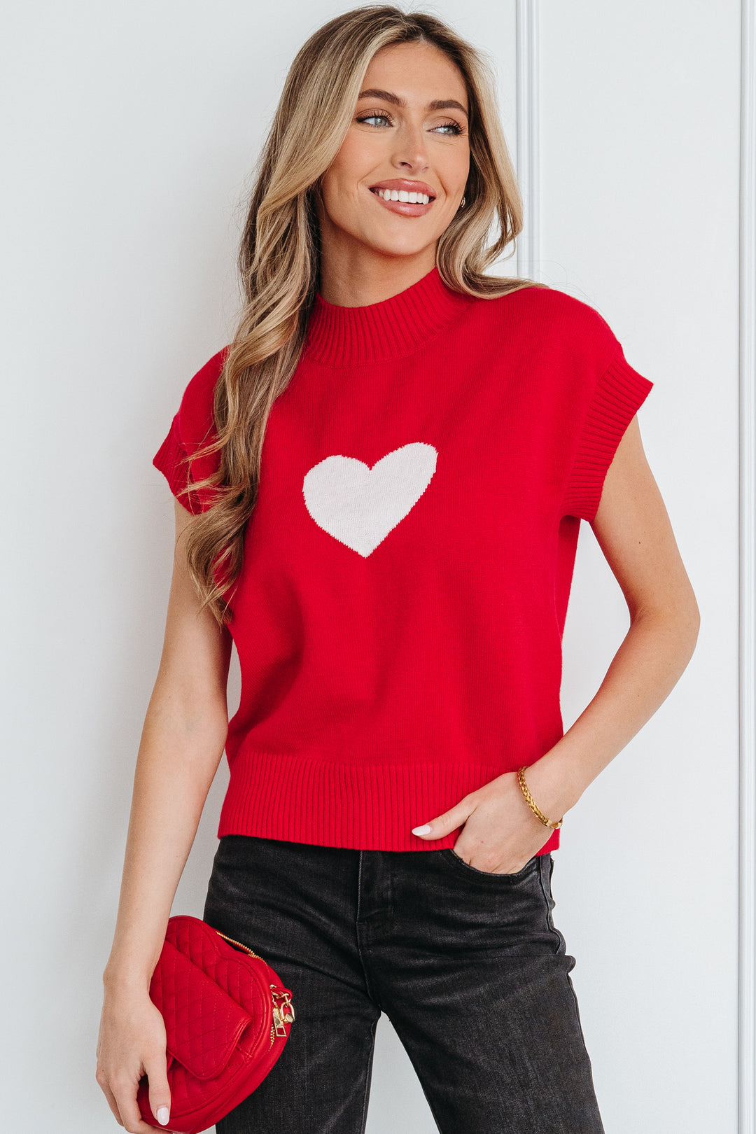 Valentine Heart Graphic Cropped Short Sleeve Sweater