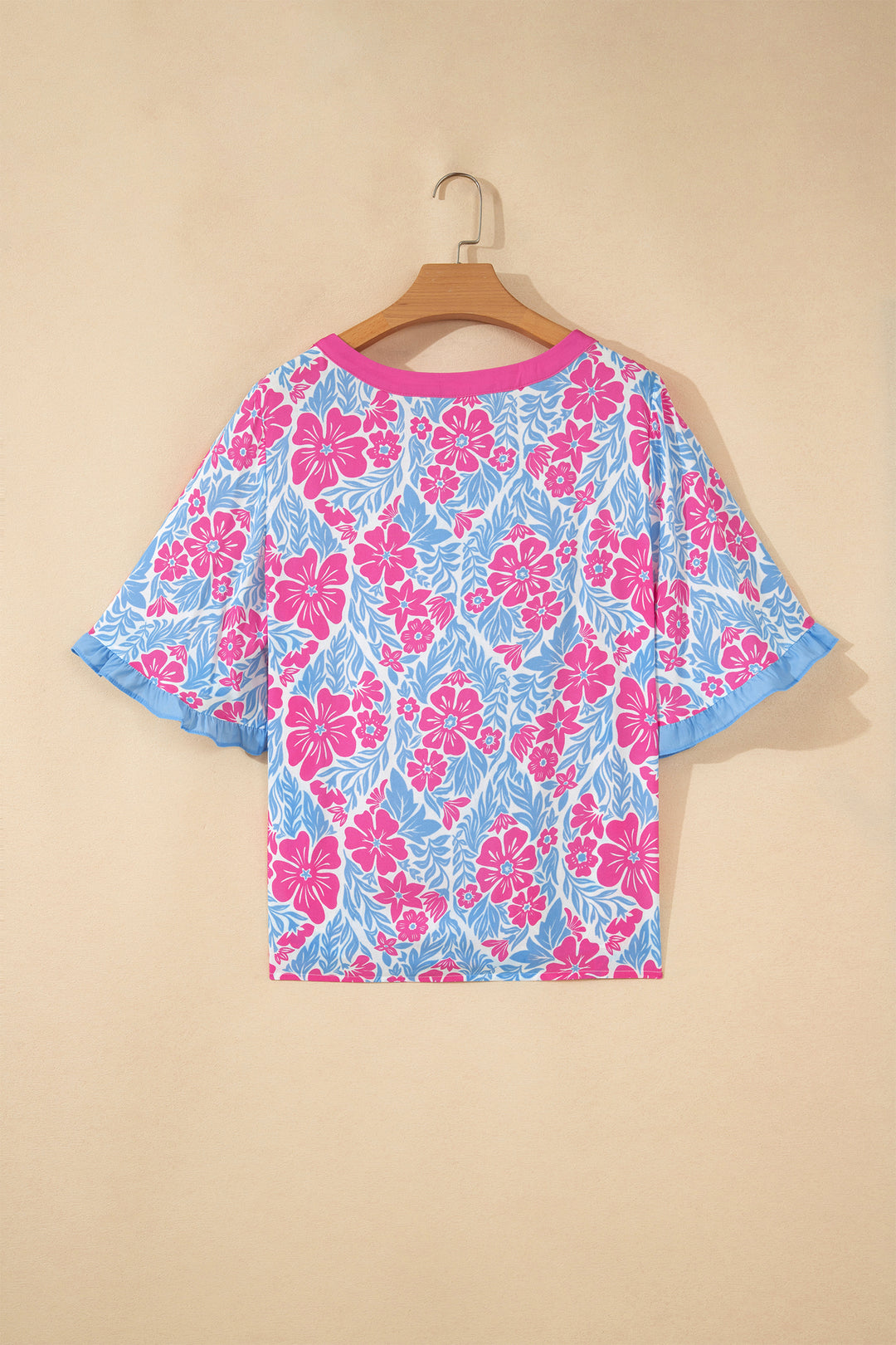 Rose Floral Print Ruffled Color Block Trim Half Sleeve Blouse