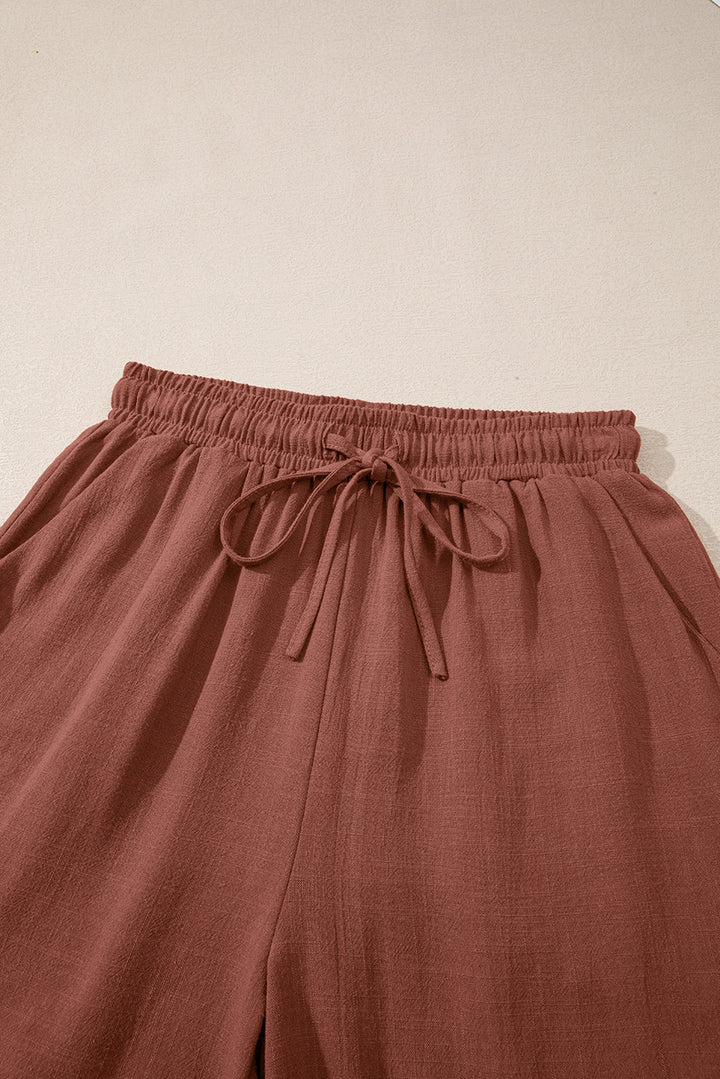 Chestnut Lace Splicing Drawstring Elastic Waist Loose Linen Shorts