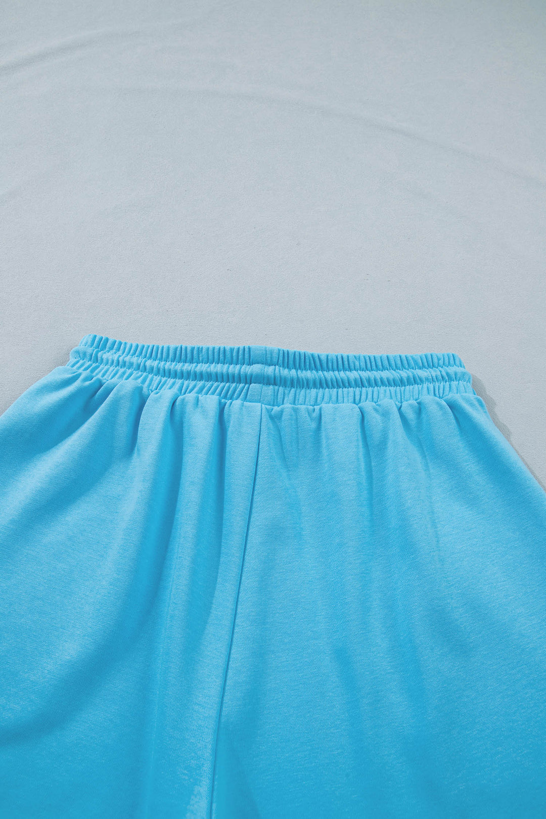 Light Blue Solid Color Puffy Loose Top Drawstring Shorts 2pcs Outfit
