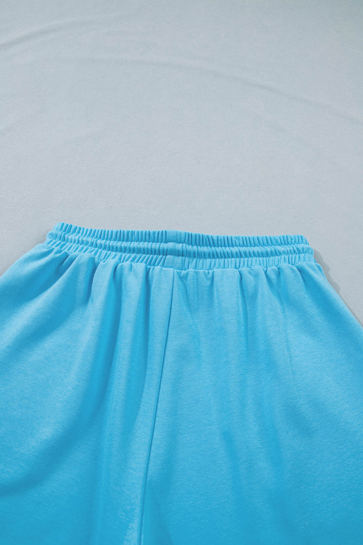 Light Blue Solid Color Puffy Loose Top Drawstring Shorts 2pcs Outfit