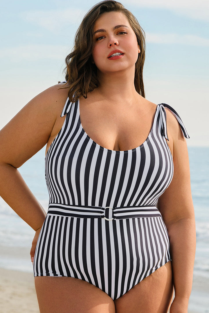 Plus Size Self Tie Straps O-Ring Waistband One Piece Swimsuit