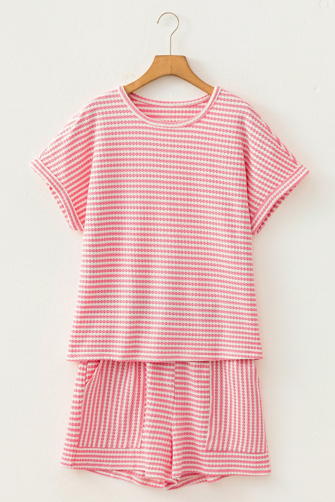 Pink Stripe Breathable Textured Knit Short 2pcs Set