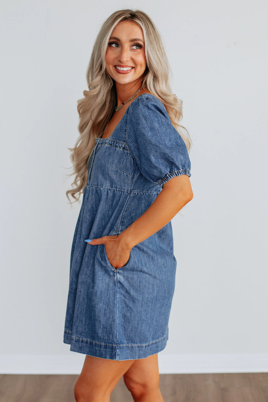 Blue Button Square Neck Short Puff Sleeve Denim Mini Dress