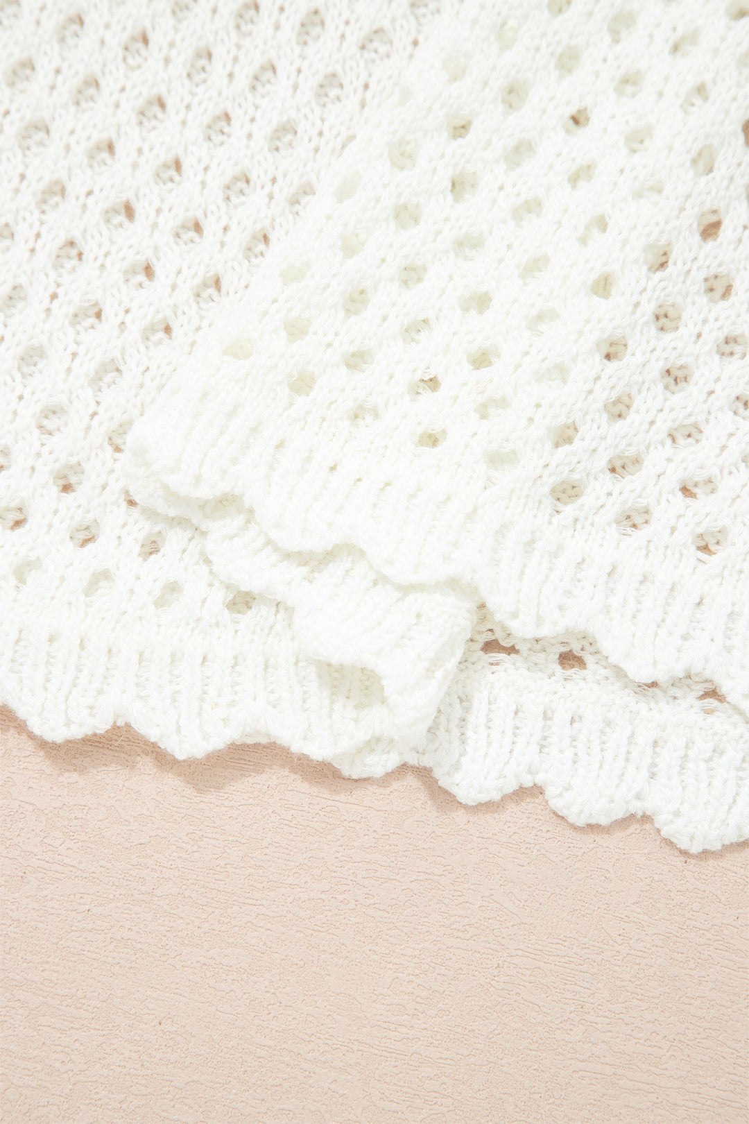 White Scalloped Trim Hollow Out Knit Long Sleeve Top