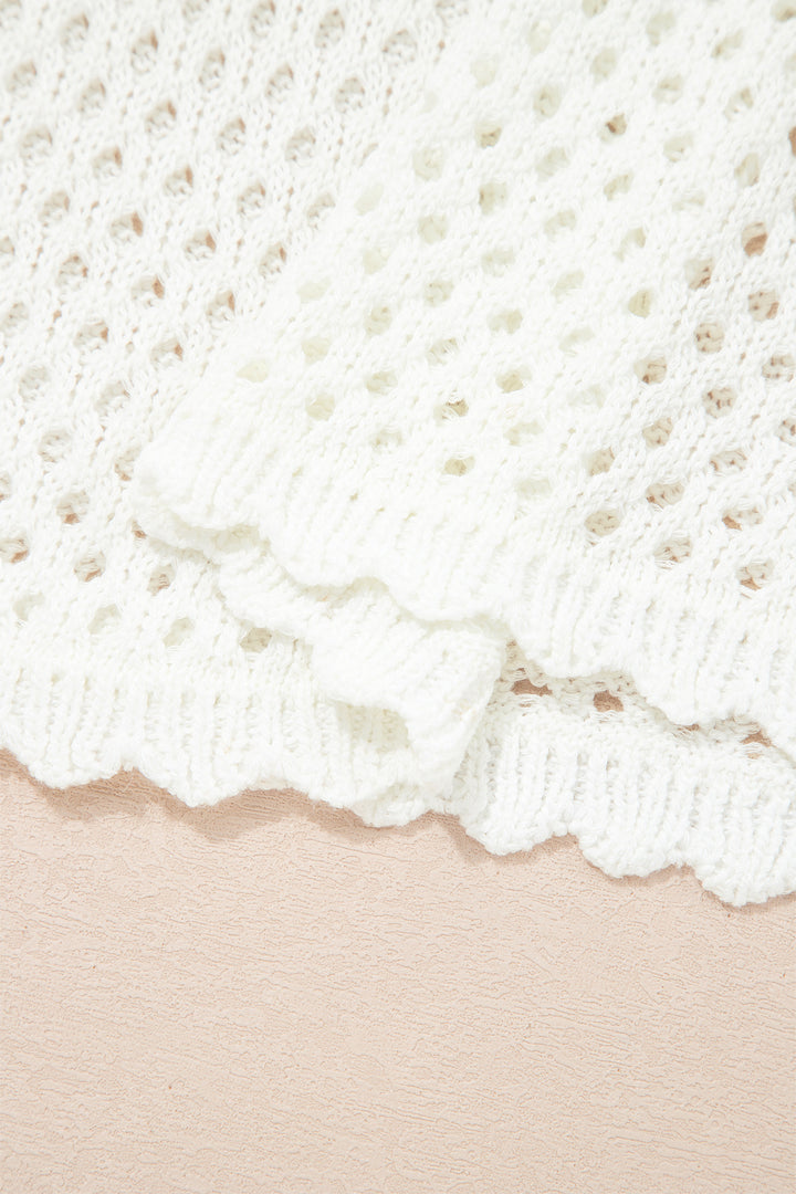 White Scalloped Trim Hollow Out Knit Long Sleeve Top