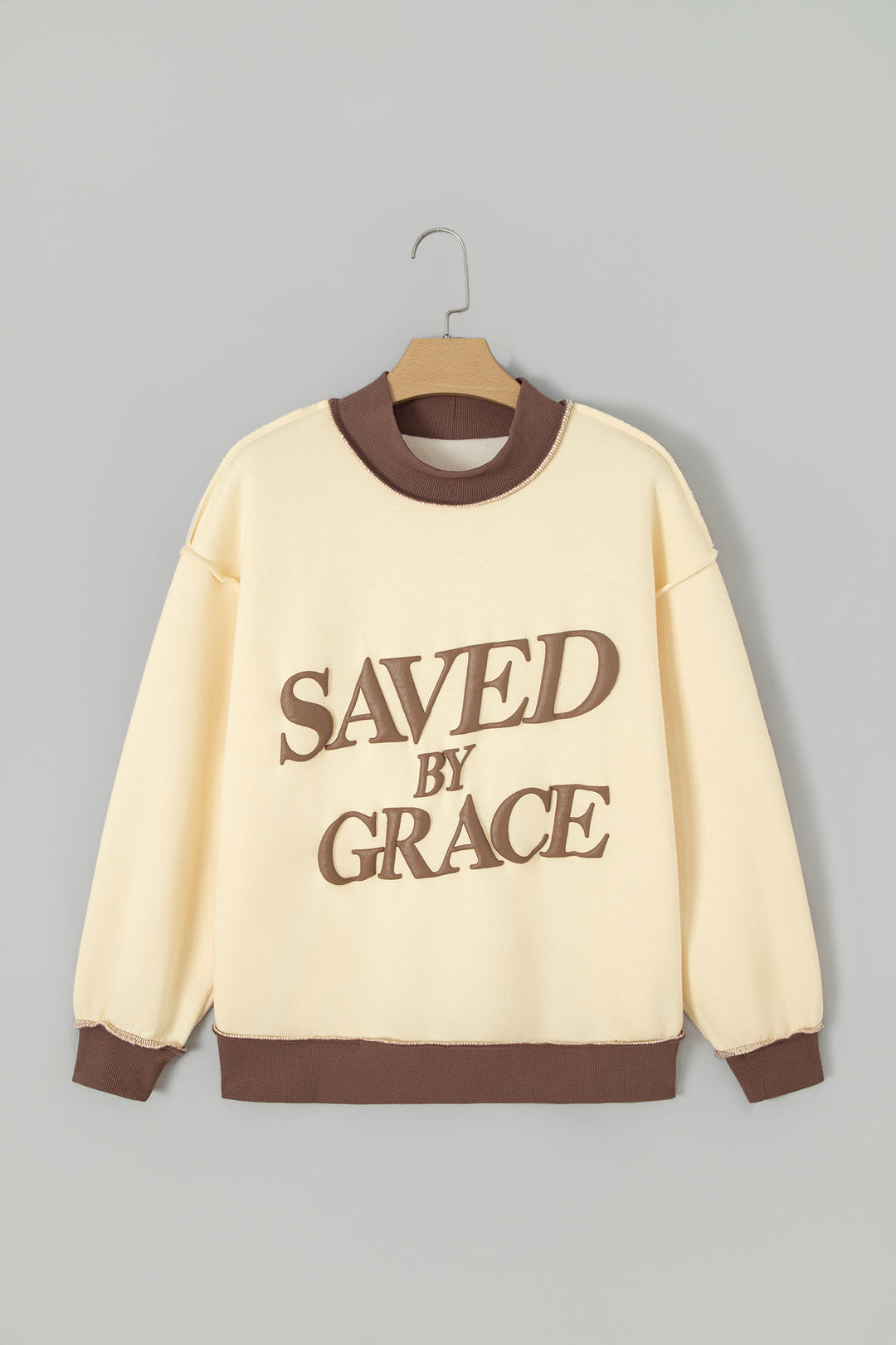 Coffee Saved By Grace Print Color Block Mock Neck Oversized Sweatshirt