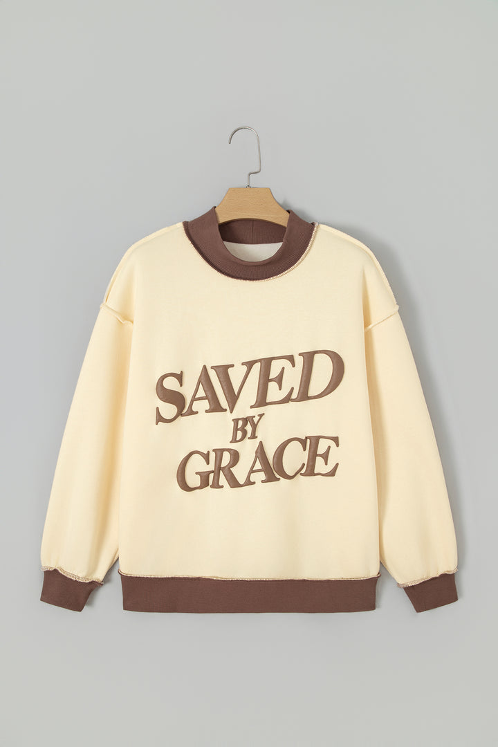 Coffee Saved By Grace Print Color Block Mock Neck Oversized Sweatshirt