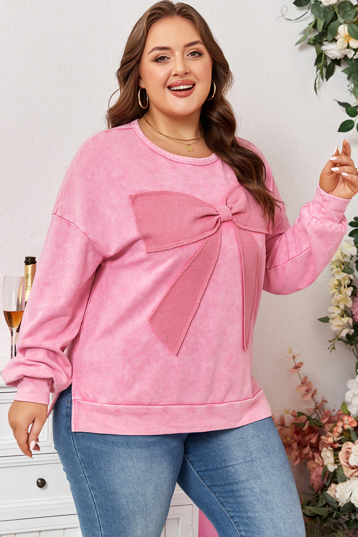 Bonbon Waffle Bowknot Patchwork Graphic Mineral Wash Plus Size Sweatshirt