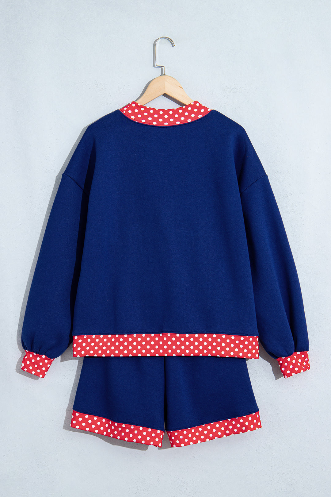 Navy Blue Polka Dot Trim Baggy Pullover 2pcs Short Set
