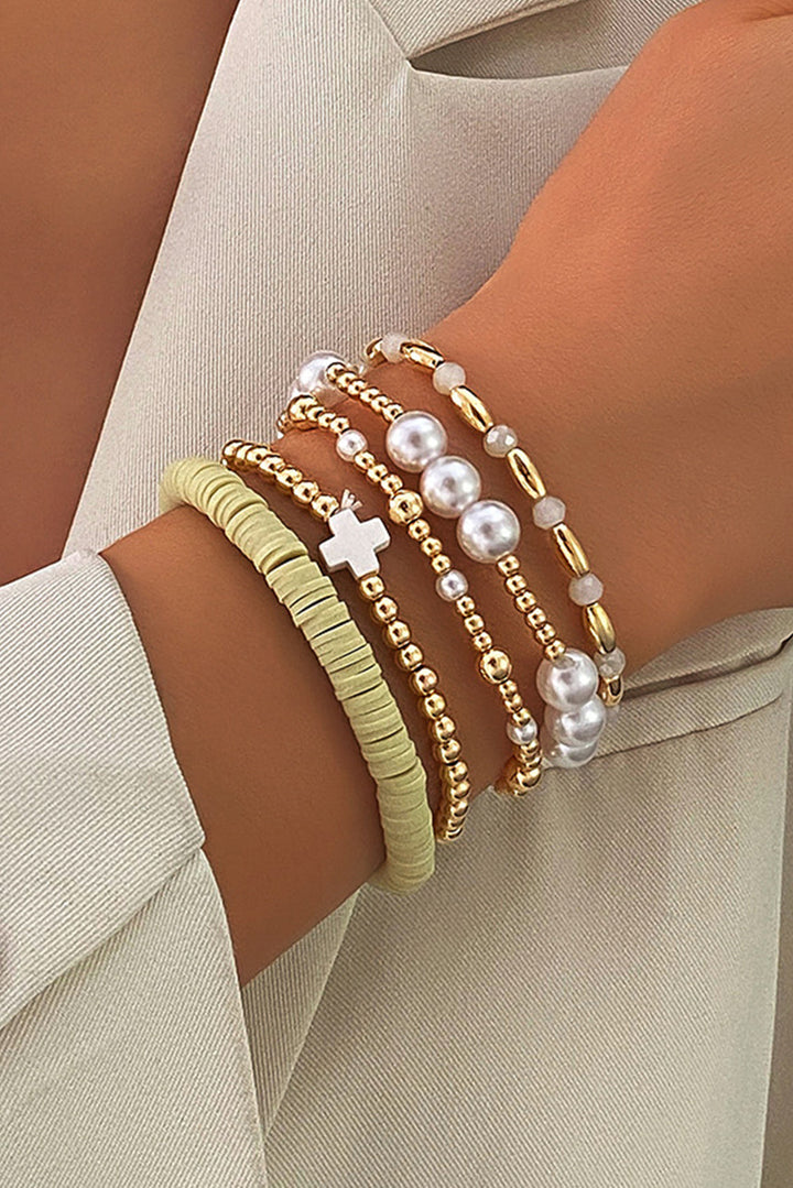 Plated Beading Pearl Detail 5pcs Elastic Bracelet Set