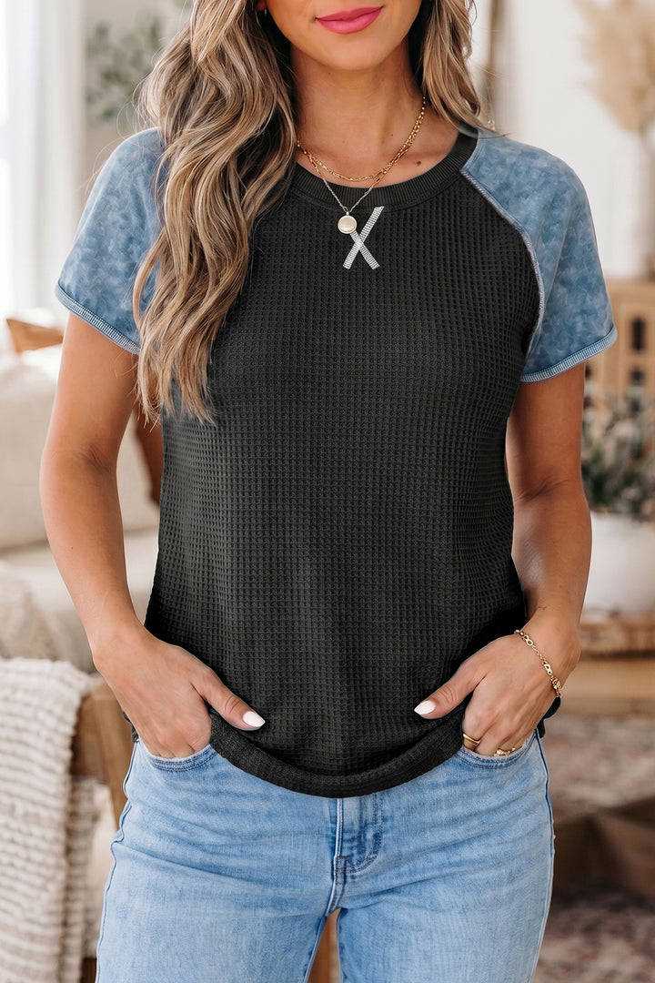 Carbon Grey Waffle Knit Seam Detail Color Block Patchwork Short Sleeve Top