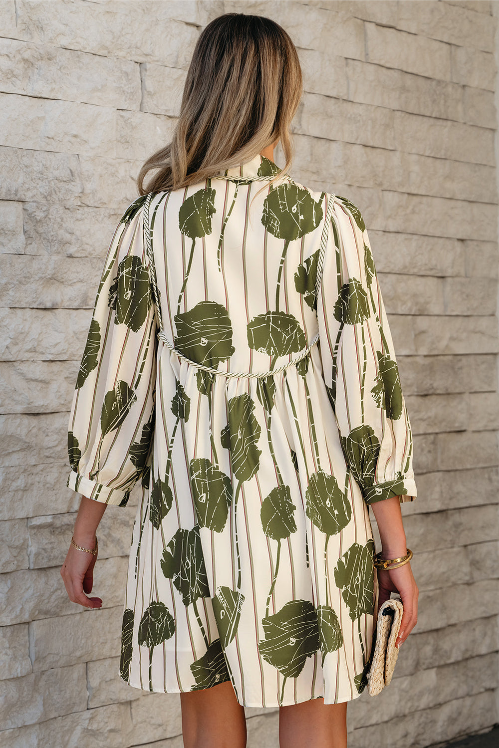 Floral Striped Print Contrast Piping Puff Sleeve Dress