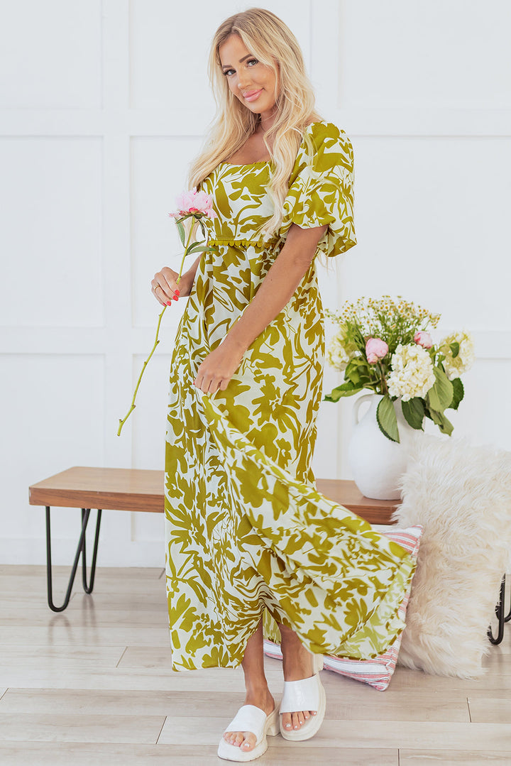 Scalloped Trim Square Neck High Waist Floral Maxi Dress