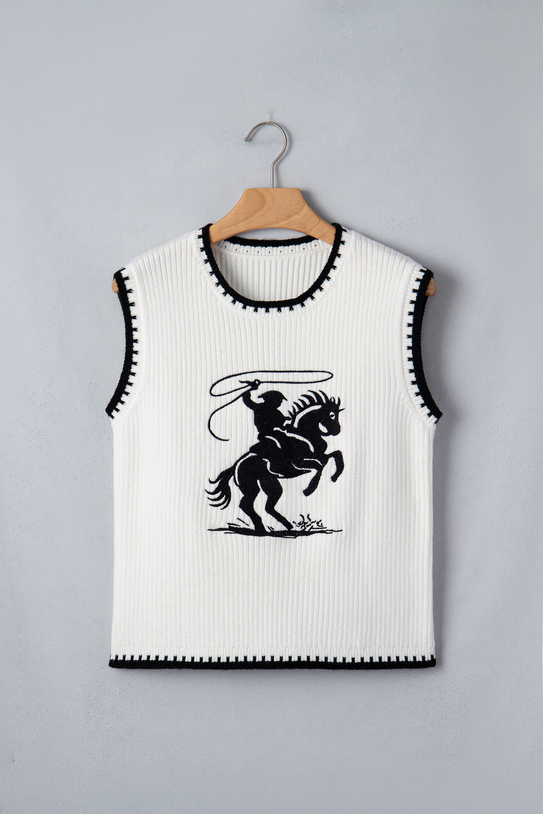 White Contrast Trim Round Neck Rodeo Cowboy Sweater Vest