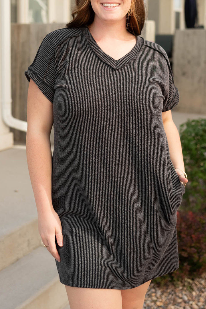 Casual Carbon Grey Corded V Neck Plus Size T Shirt Dress with Pockets