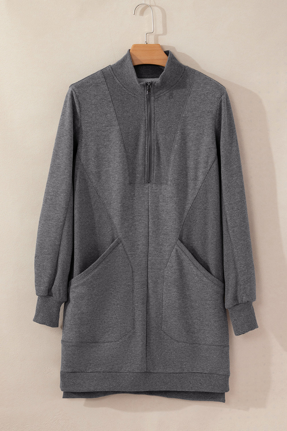 Zip up Collared Ribbed Patchwork Sweatshirt Dress with Pockets