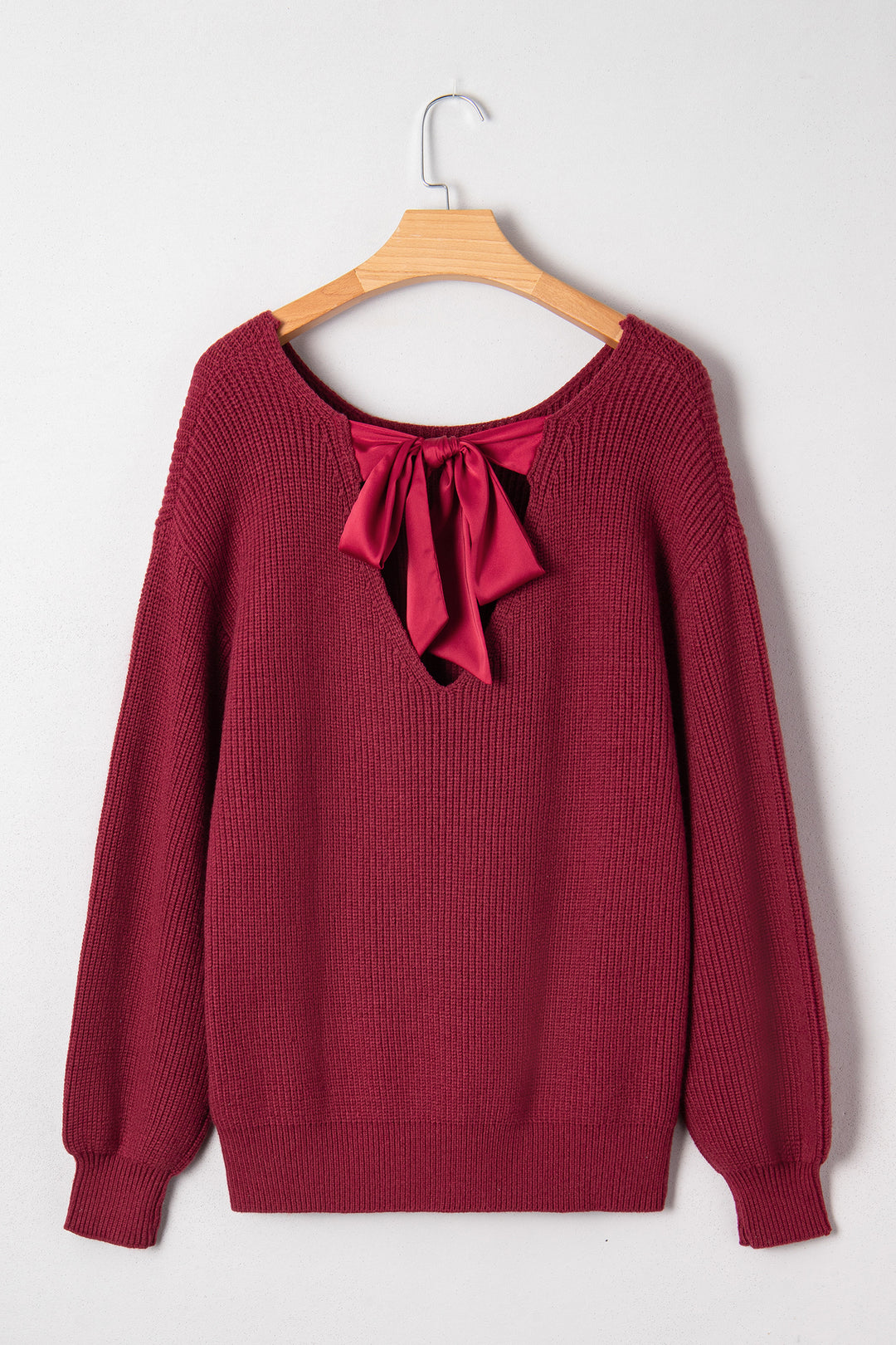 Ribbed Knit Ribbon Knot Backless Drop Shoulder Sweater