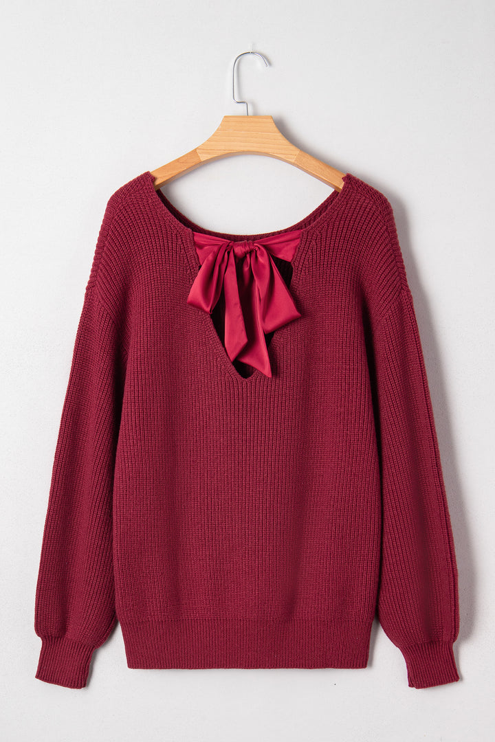 Ribbed Knit Ribbon Knot Backless Drop Shoulder Sweater