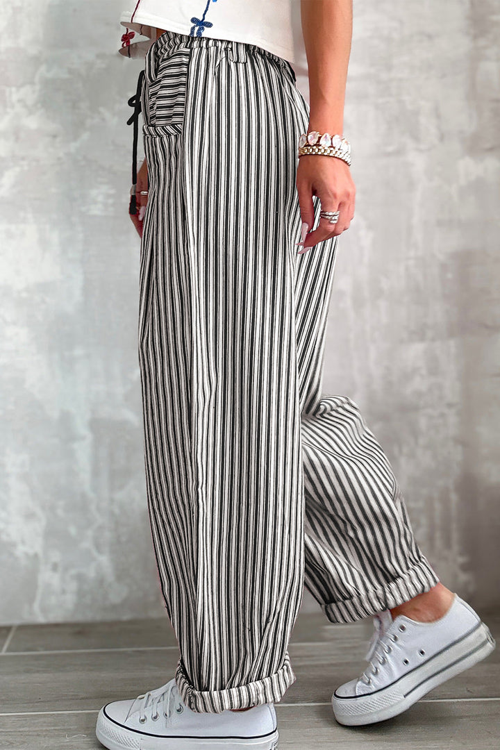Black Stripe Drawstring Casual Loose Pants