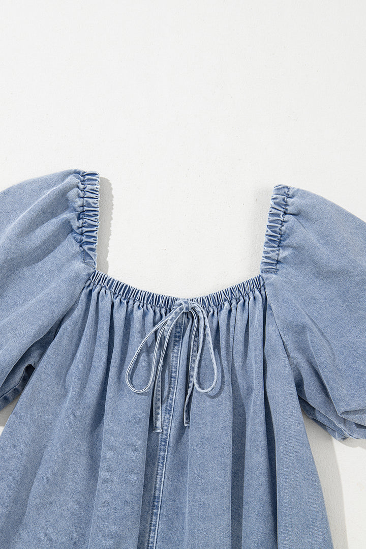 Robe babydoll en jean à manches bouffantes et col carré