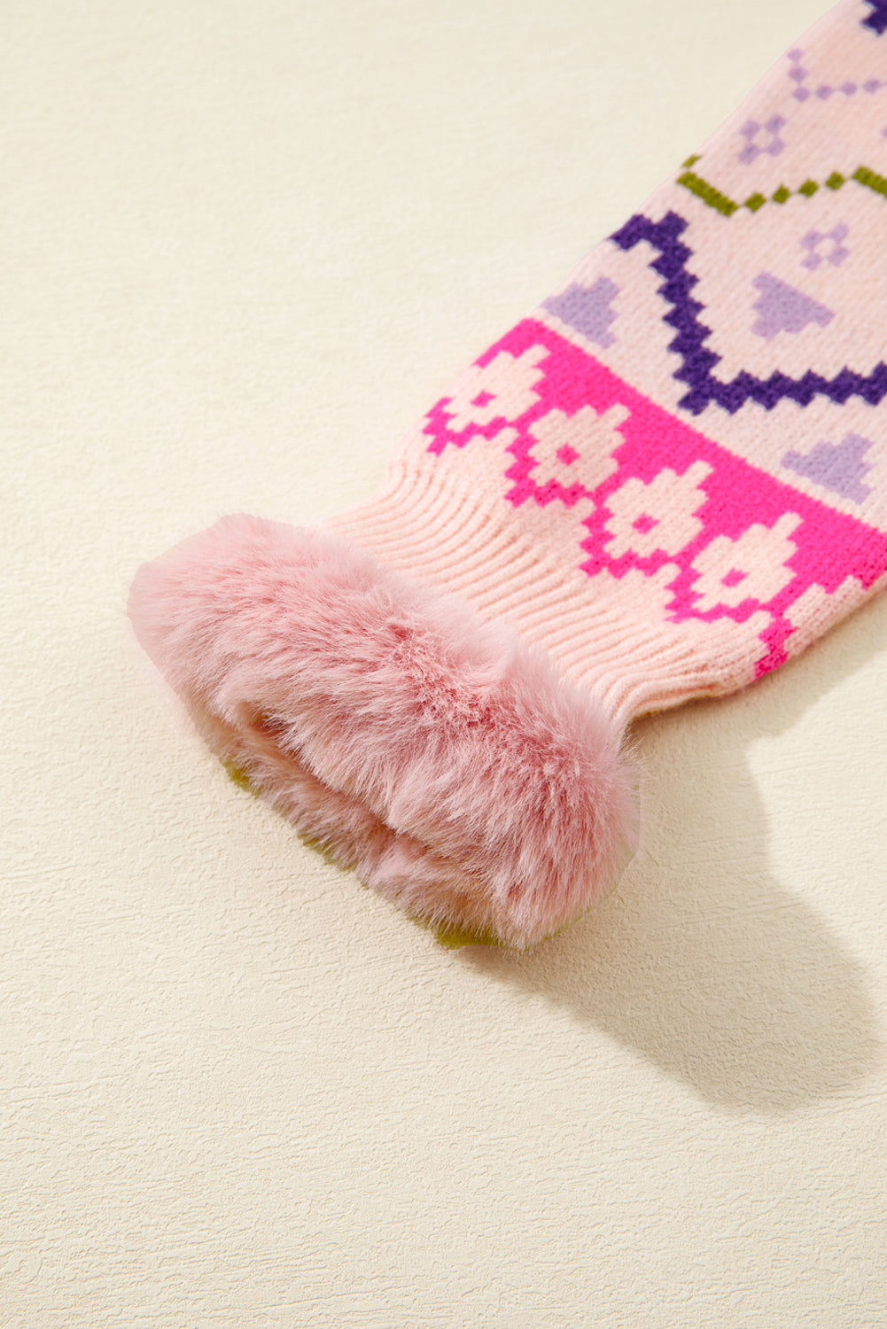 Ethnic Christmas Pattern Knit Feather Cuffed Sweater