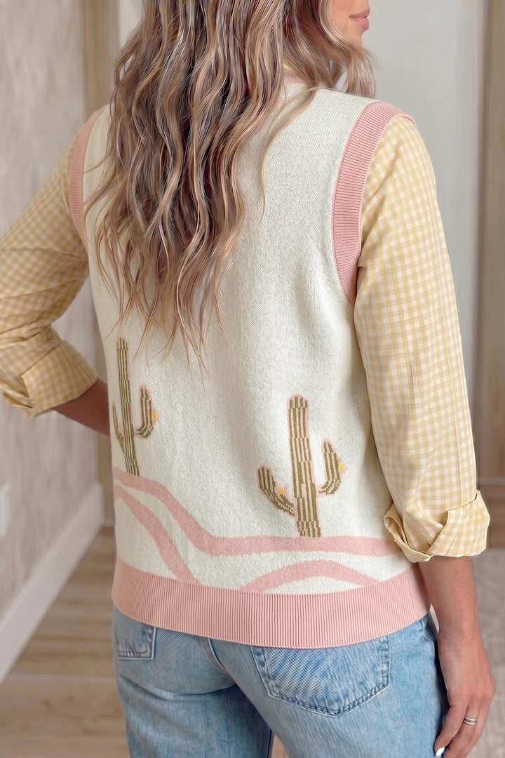 Pink Color Block Trim Button Front Cactus Pattern Western Sweater Vest