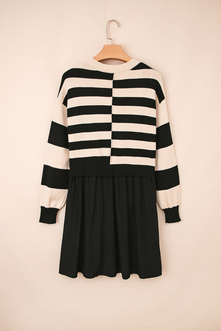 Black Stripe Two in One Knitted Top Splicing Hem Sweater Dress