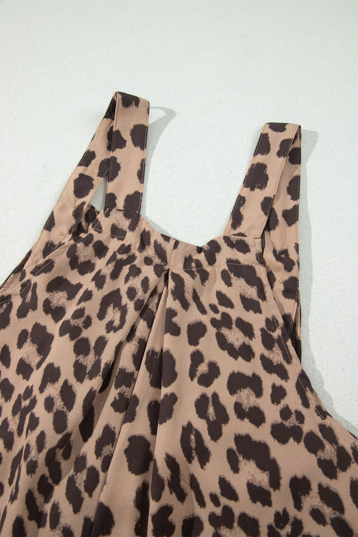 Khaki Leopard Print Square Neck Pleated Wide Leg Jumpsuit