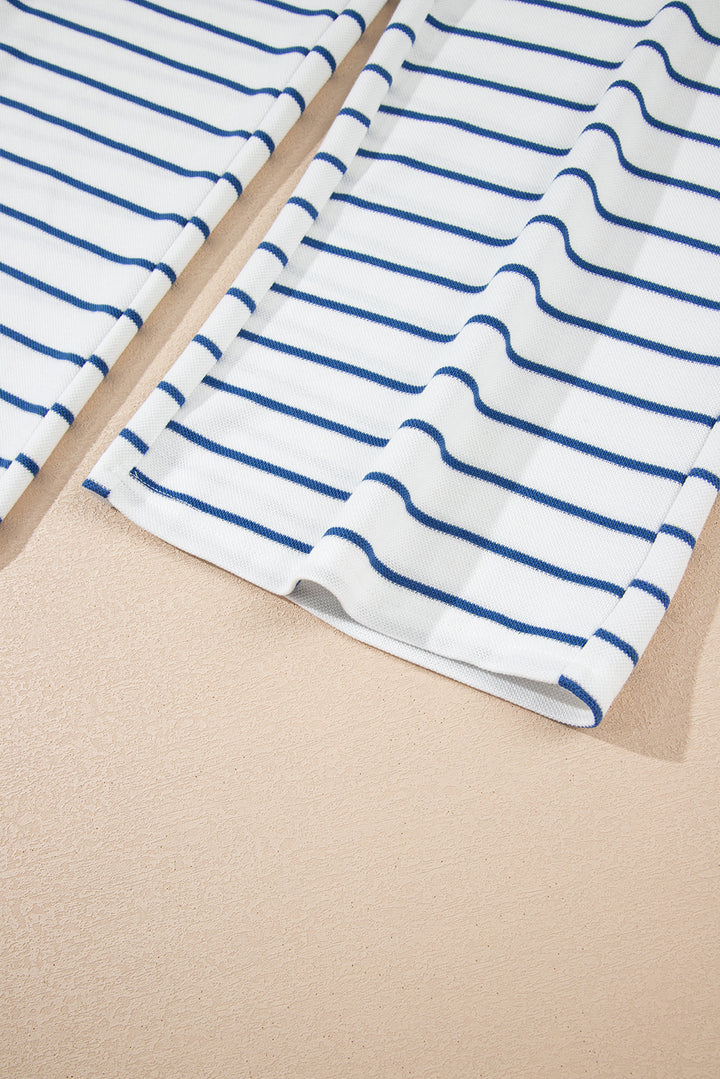 Sail Blue Striped Long Sleeve Top Drawstring Wide Leg Pants 2pcs Outfit
