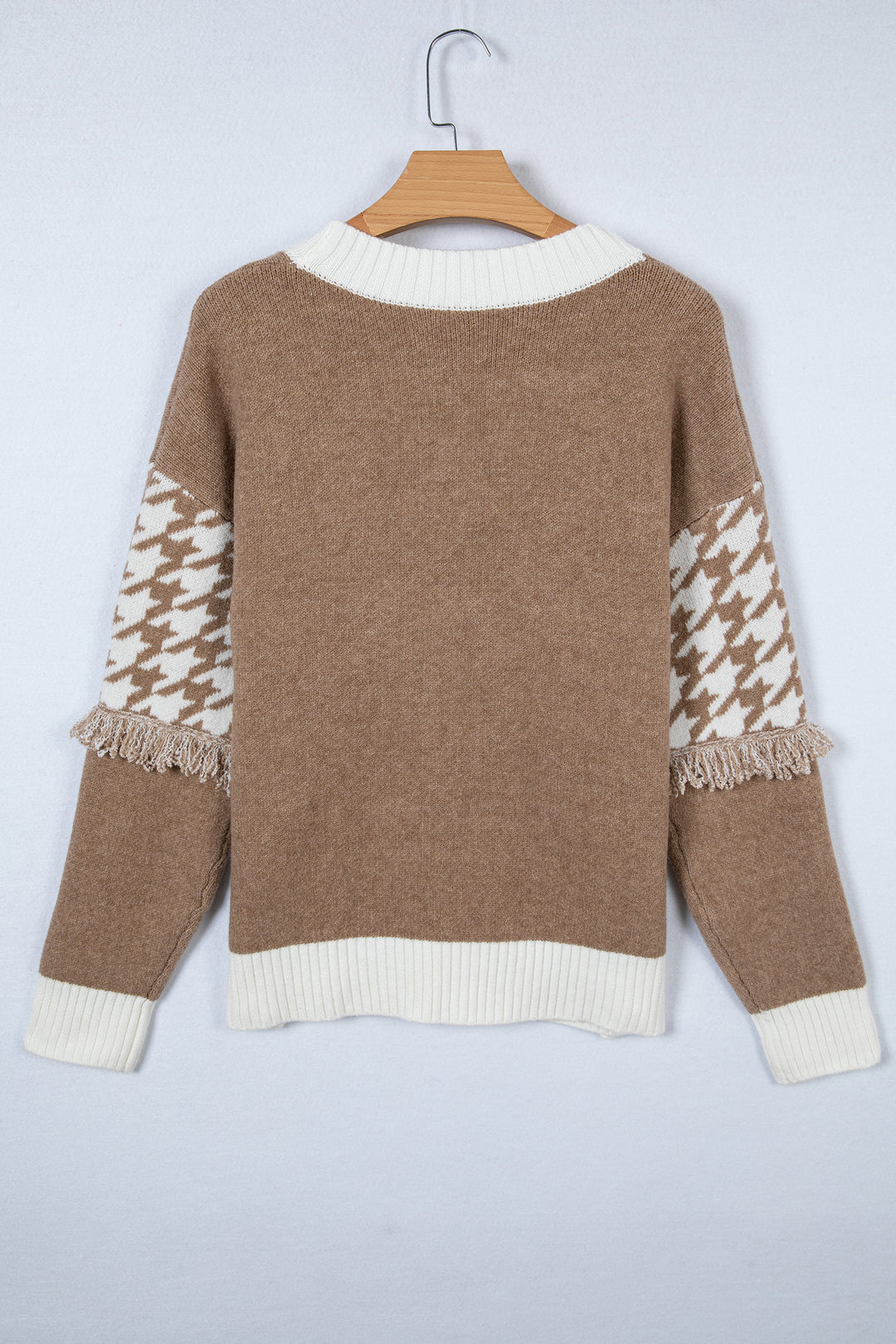 Khaki Houndstooth Color Block  Raw Edge Button Front Cardigan