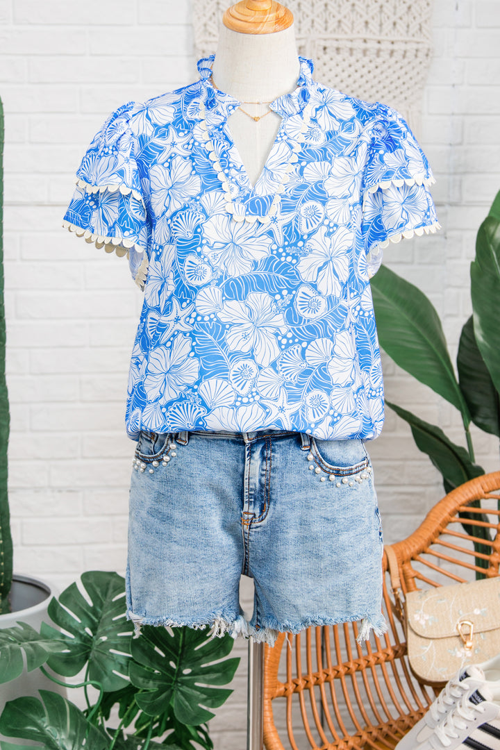Sky Blue Oceanic Floral Print Scalloped Trim V Neck Short Sleeve Blouse