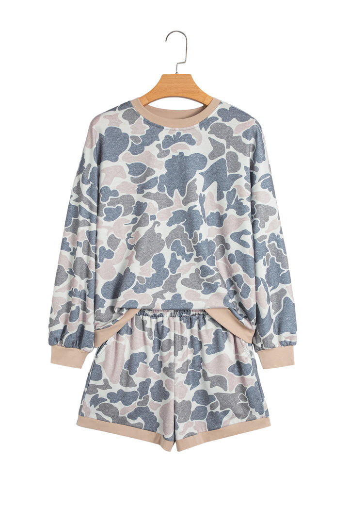 Multicolour Camouflage Patchwork Colorblock 2pcs Long Sleeve Top and Shorts Set