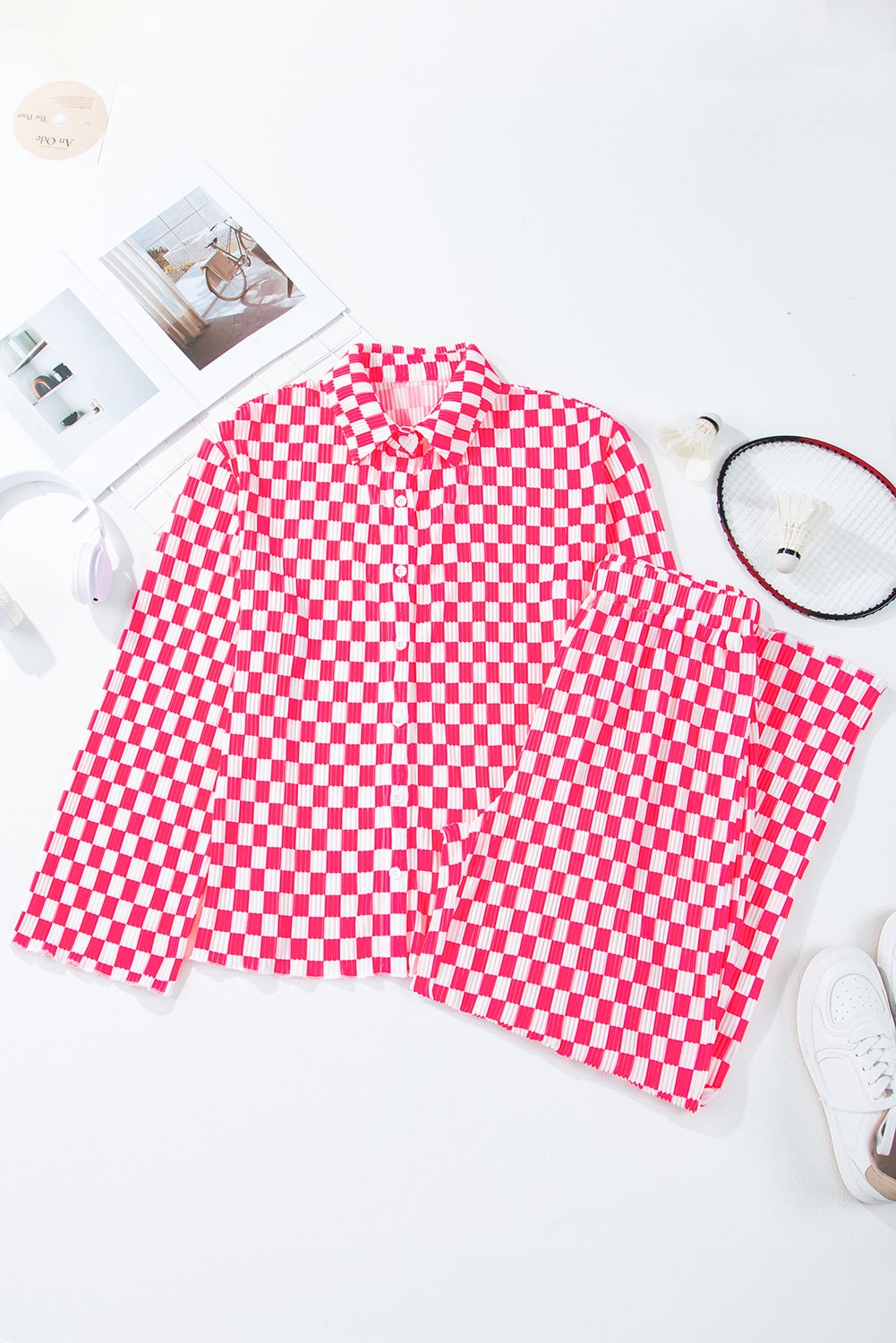 checkered buttoned shirt and high waist pants pajama set