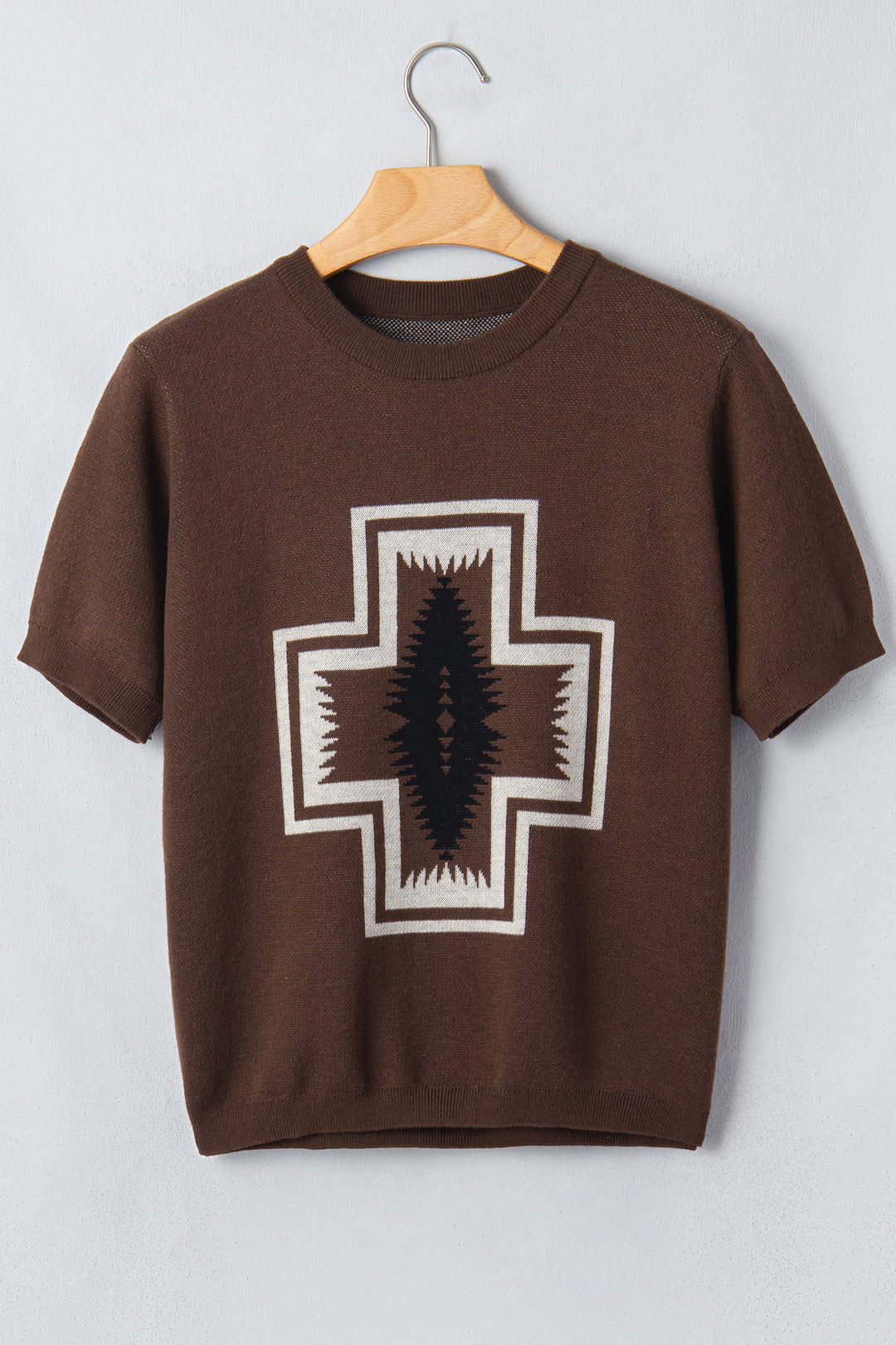 Brown Western Print Short Sleeve Knit Casual Sweater