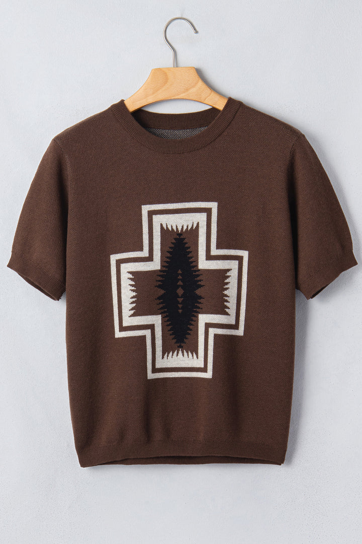 Brown Western Print Short Sleeve Knit Casual Sweater